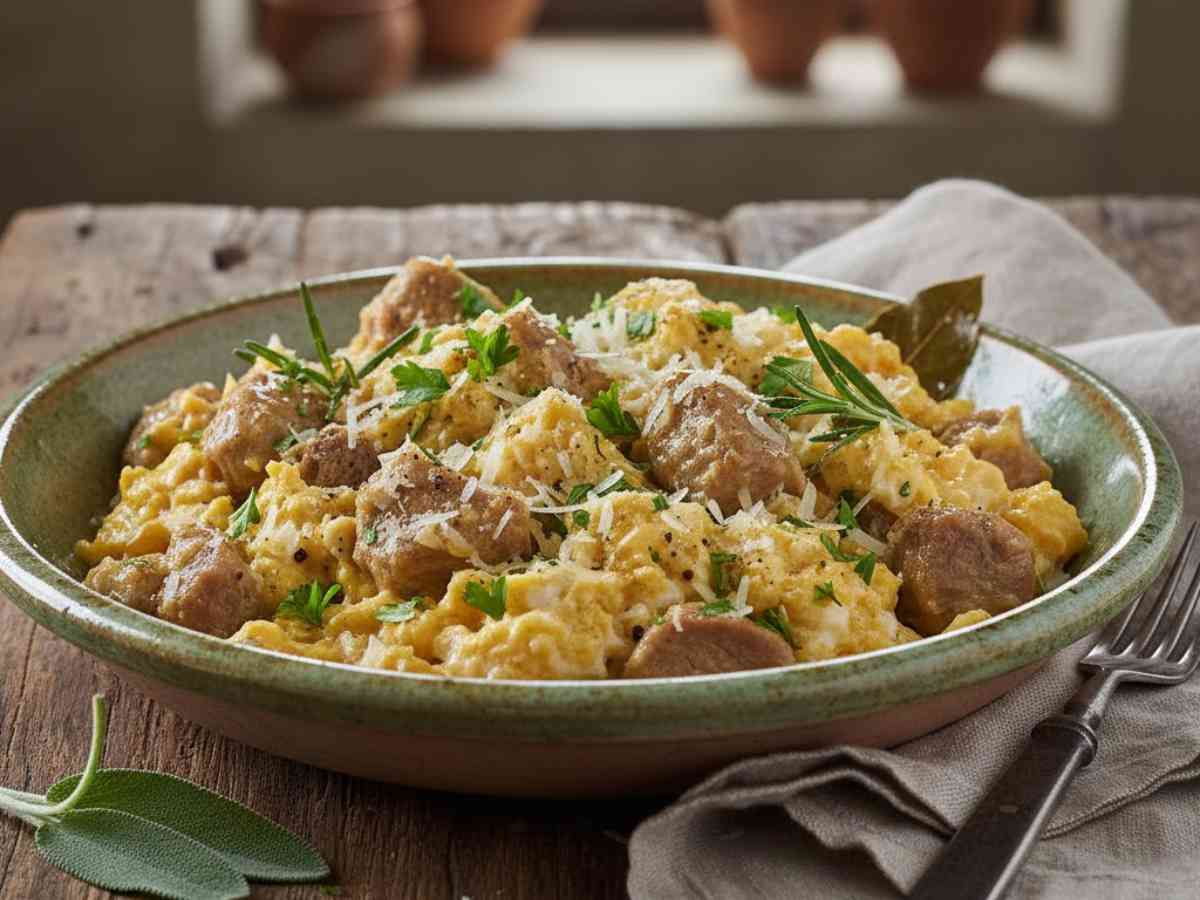 piatto con dentro agnello e uova strapazzate